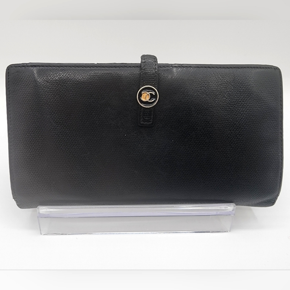 Chanel Coco Button Black Caviar Leather Long Wallet